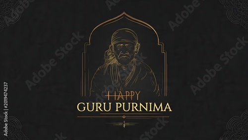 Golden Line Art Portrait of Saint Sai Baba for Guru Purnima Celebration