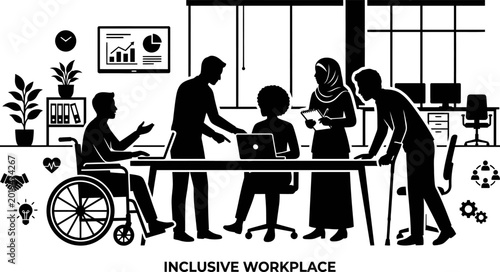 Diverse team collaborating in an inclusive office environment