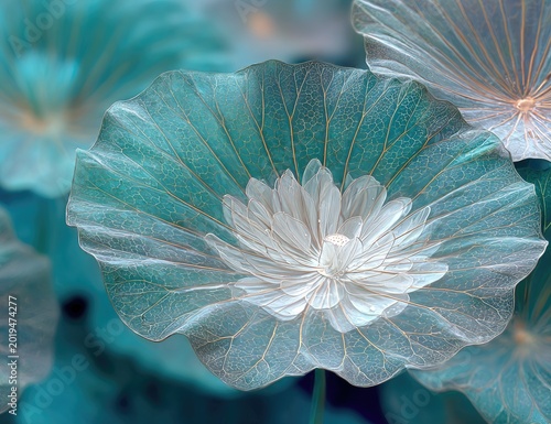 Ethereal lotus bloom with delicate translucent petals in cool turquoise tones