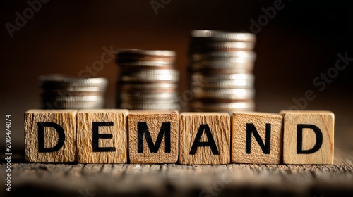 Wooden letter blocks spelling demand placed before stacks of silver coins on a dark textured surface representing economic market trends and financial growth concepts