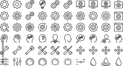 Fotografía Set of 30 Gear, Technology, and Adjustment Icons with Tools, Brain, and Thought