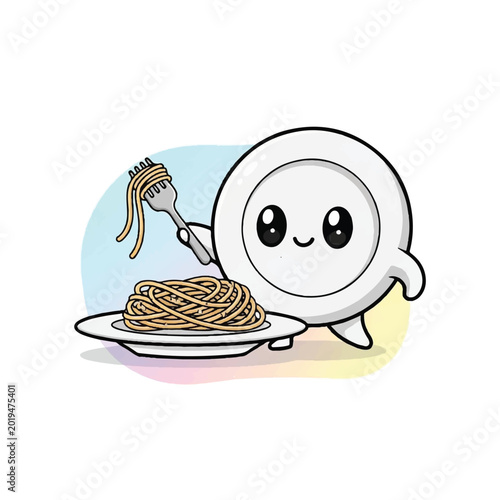 Tableau sur toile Cartoon character eating spaghetti with fork.