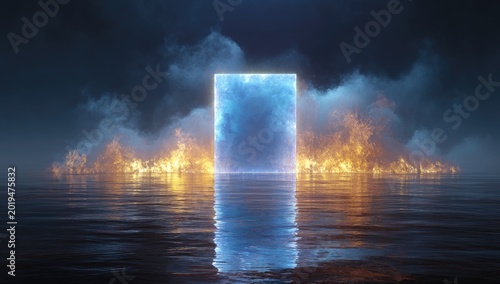 Glowing portal emerges from water with surrounding flames and mist