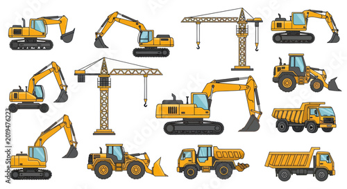 Billede på lærred Construction Vehicles Set: Excavators, Cranes, Dump Trucks, Loaders - Yellow Mac