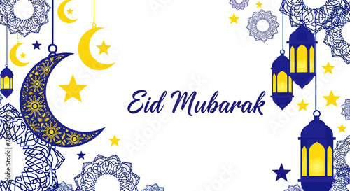 Foto Eid Mubarak Greeting Card with Crescent Moon, Stars, Lanterns, and Ornate Patter