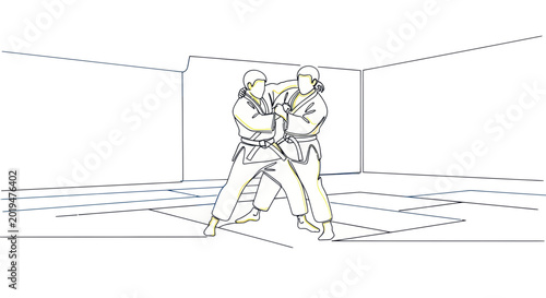 Bild auf Leinwand Two martial artists practicing judo, showing grappling and training in a dojo