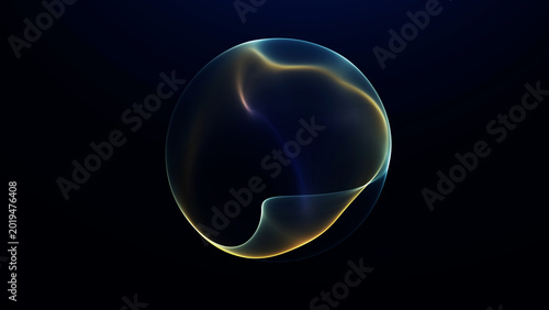 Green yellow glowing energy sphere with soft fluid light waves on dark futuristic background, abstract plasma orb with smooth digital motion and glow.