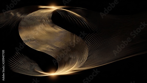 Abstract golden flowing ribbons of light on a dark background