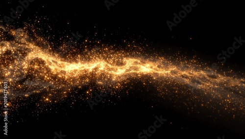 Glowing golden particles swirling in a cosmic nebula against a dark background