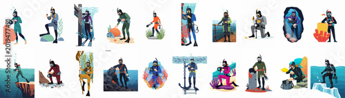 Canvastavla A large set of vector illustrations featuring scuba divers and underwater photographers capturing sea life, corals, and shipwrecks in diverse marine environments
