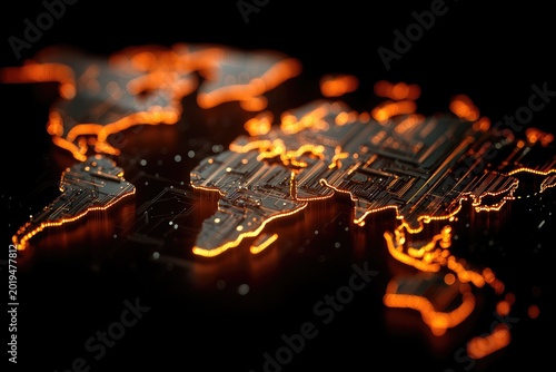 Glowing orange circuit board world map with black background, digital