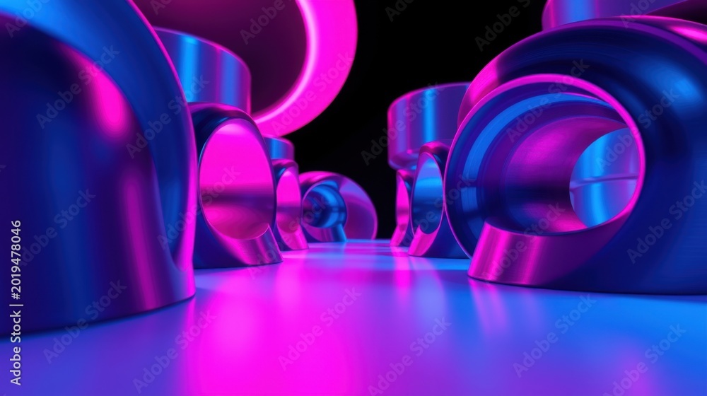 Fototapeta premium Abstract tunnel, vibrant pinks, blues create futuristic space. Smooth curves, glossy surfaces dominate composition. Dramatic lighting enhances depth.