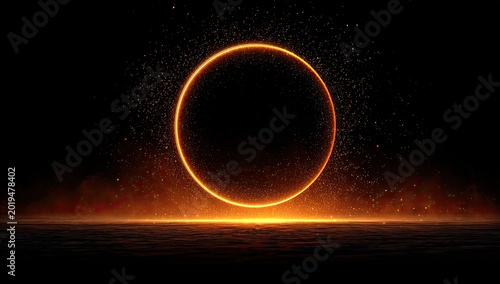 A glowing fiery ring hovers over a dark, reflective surface, with sparks and smoke