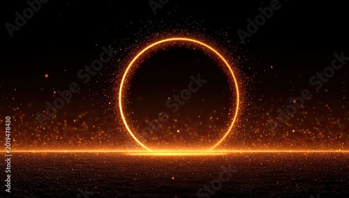 Glowing orange ring of light with particles on a dark textured surface