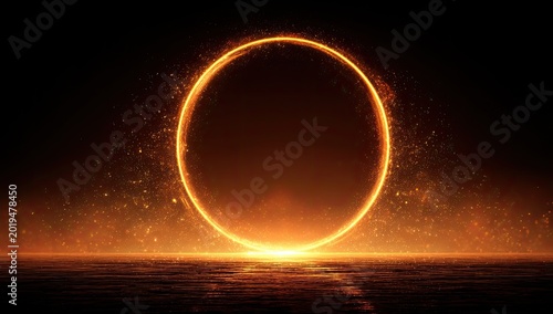 A glowing fiery ring with shimmering particles against a dark background
