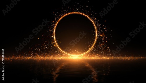 Glowing orange ring suspended in darkness, emitting particles and reflecting on water