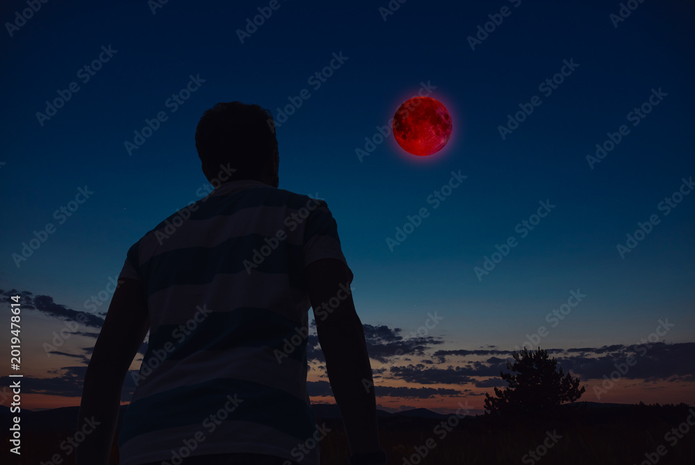 Fototapeta premium Amateur astronomer observing stars, planets, Moon eclipse and other celestial objects.