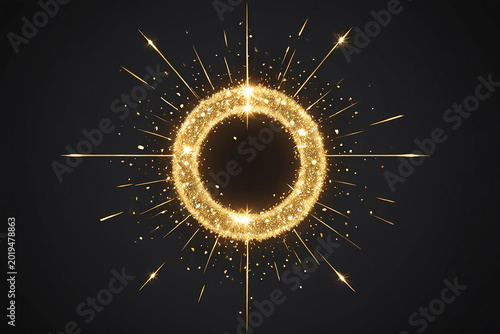 Golden ring radiating light bursts and sparkles on a dark background
