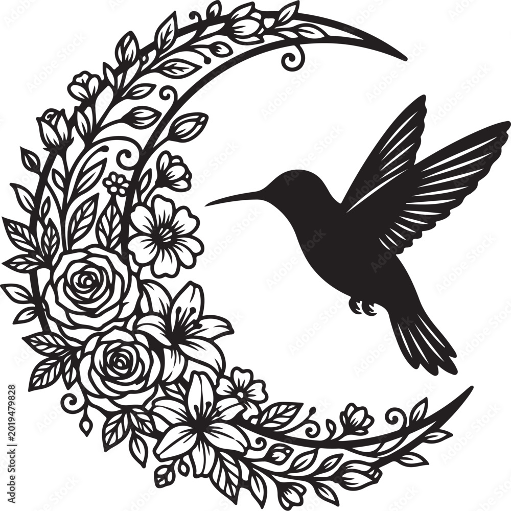 Fototapeta premium Black hummingbird, floral wreath, vector illustration, decorative bird, botanical design
