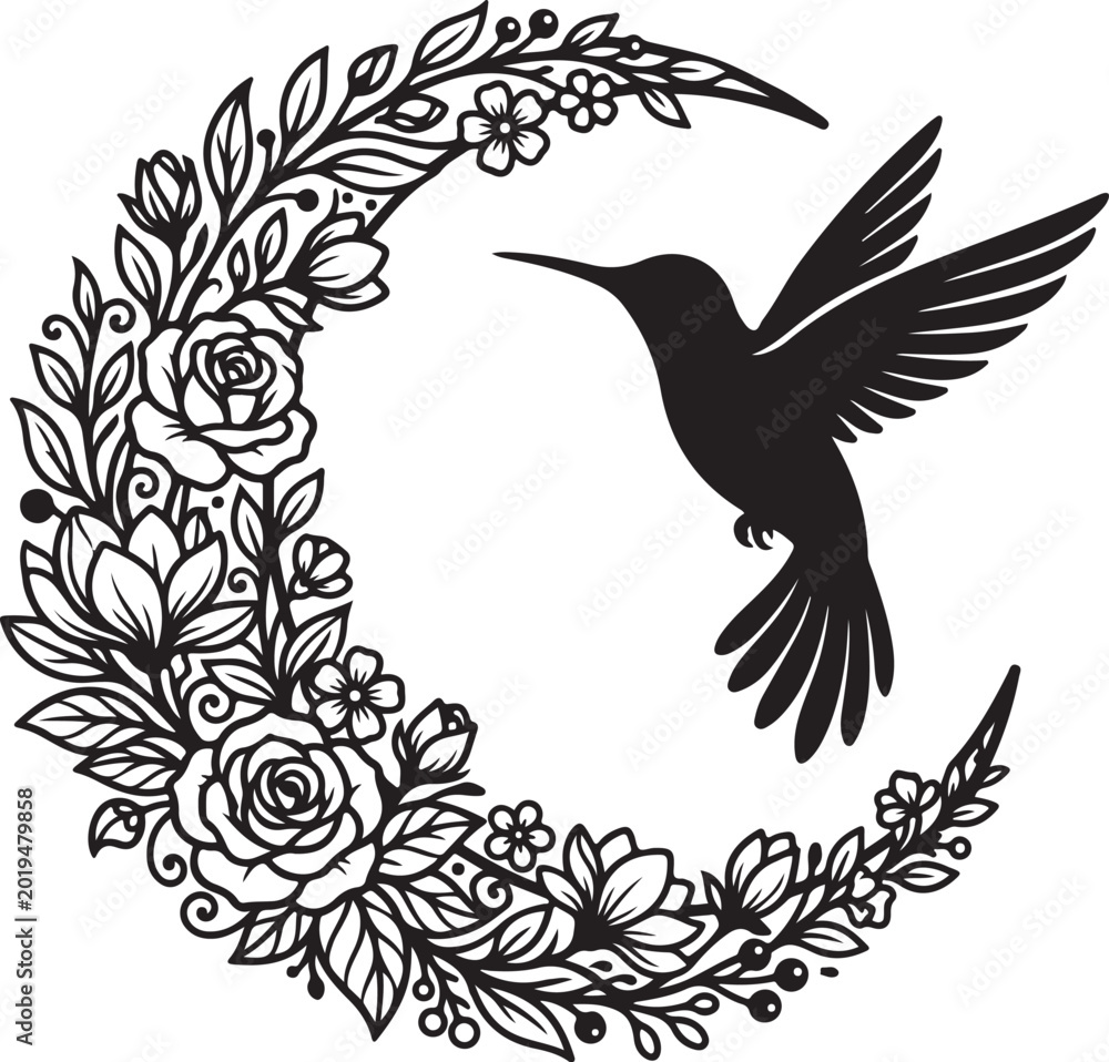 Fototapeta premium Black hummingbird, floral wreath, vector illustration, tattoo design, bird and flowers