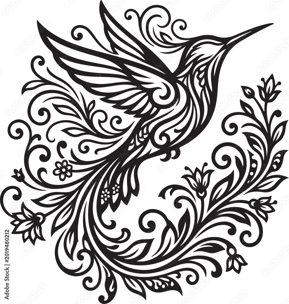 Fototapeta premium Black hummingbird, floral wreath, vector illustration, ornate design, tattoo style