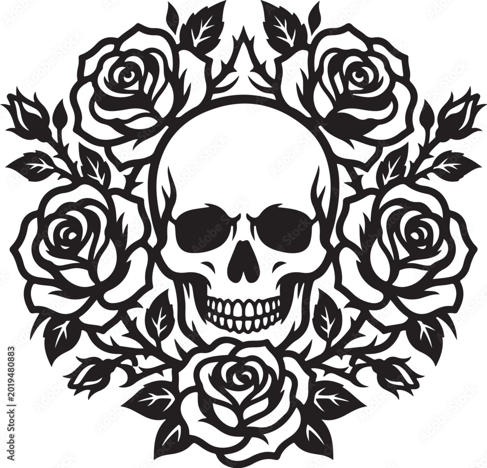Fototapeta premium Black and white skull, floral wreath, roses, vector illustration, tattoo design, skull art