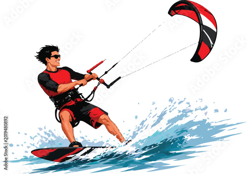 Foto Kitesurfer riding a wave with a red and black kite