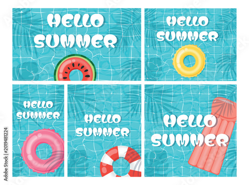 Hello summer cards pool floats swimming rings on water surface background, watermelon sliced ring lifebuoy in blue tiled pool with palm shadows for summer resort, pool party and vacation banner design
