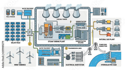 Schilderij op canvas Diagram of a modern sustainable energy power plant with multiple renewable sources