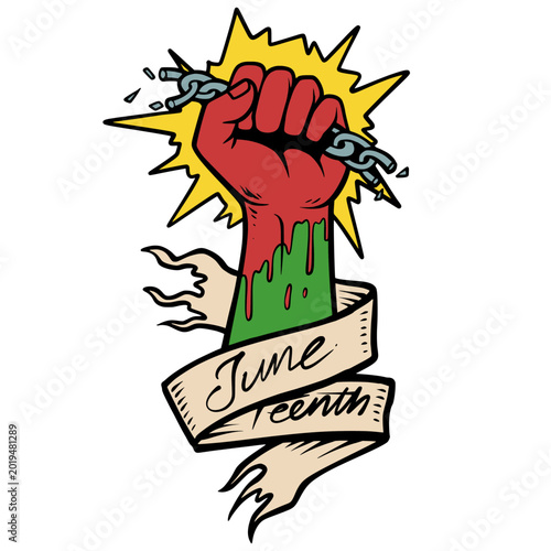 Broken Chain Raised Fist Juneteenth Ribbon Vector Illustration