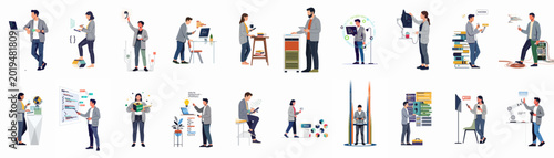 Canvas Print Large collection of flat vector illustrations featuring diverse IT professionals, software engineers, and data scientists working on various technology and development projects