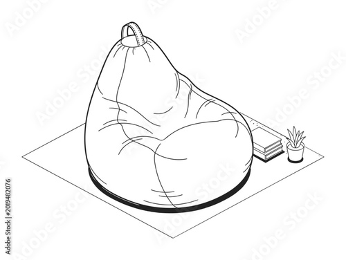 Isometric Line Art Illustration of a Cozy Bean Bag Chair with Books and Plant