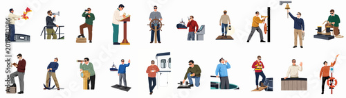 Fotografie Collection of flat vector illustrations showing male maritime crew members and sailors performing various shipboard duties and nautical activities on a white background
