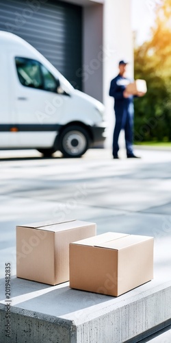 Delivery boxes waiting for customer receiving shipment from courier service arriving with truck, shipping and e-commerce concept image with copy space