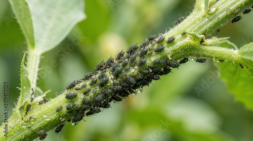 A group of aphids on a plant stem.