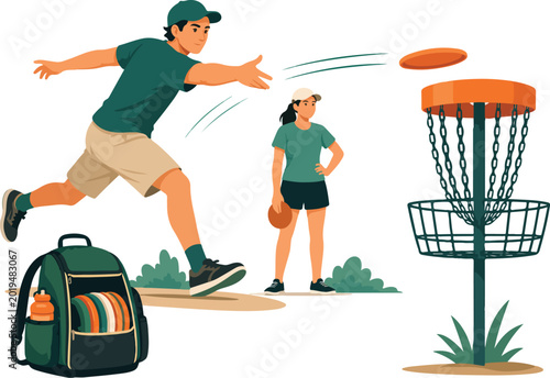 Schilderij op canvas People playing disc golf with bag and basket frisbee