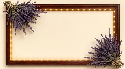 Rustic wooden frame with purple lavender bouquets and fairy lights on beige background for message copy space