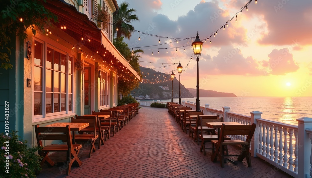 Naklejka premium Empty cafe terrace by sea at sunset. Wooden tables and chairs await diners on brick pathway. String lights illuminate building exterior with warm glow. Ocean horizon glows with orange and pink hues.