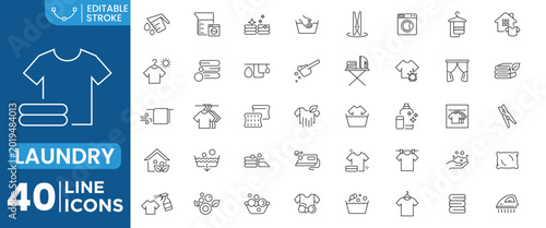 Tableau sur toile Laundry Service Line Icons Set Washing Machine Dry Cleaning Clothes Care Minimal
