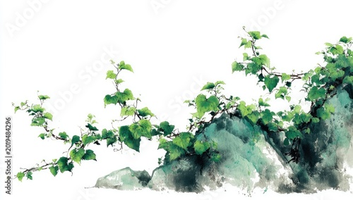 A verdant vine winds over stylized, misty, watercolor mountains