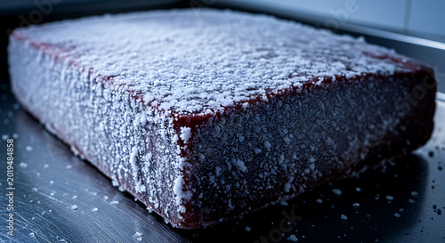 the intricate, frost-like pattern formed by salt and moisture on the surface of a frozen block of bluefin tuna (maguro), ready to be sliced, the crystalline texture 