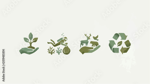 Schilderij op canvas Eco friendly icons with green plants and recycling symbol