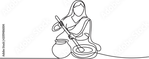 Schilderij op canvas Punjabi girl churning curd and extracting butter clip art and symbol, Indian woman churning buttermilk