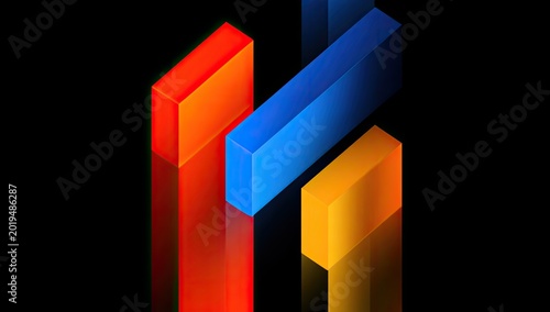 Abstract isometric bars of vibrant orange, blue, and yellow on black background