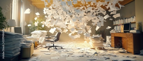 Chaotic office scene scattered paper documents overwhelm and workflow concept