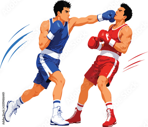 Fotografie Two boxers in a ring throwing punches Keywords: boxing, boxers, men, male, sport