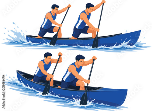 Photos Two canoes with four men paddling in unison canoeing