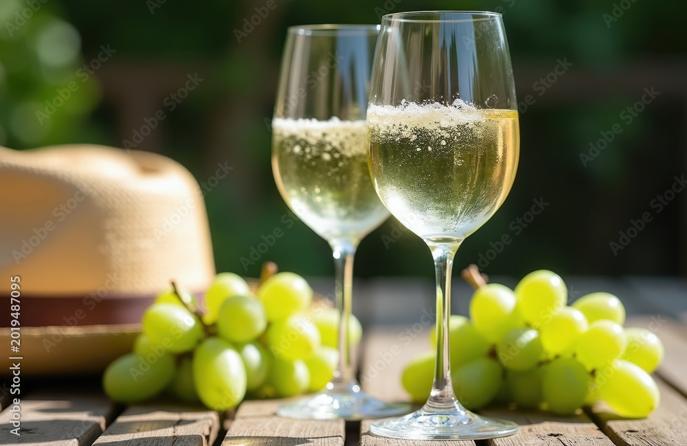 Obraz premium Two glasses filled with chilled white wine sit on rustic wooden table with green grapes, straw hat. Sunlight filters through green leaves creating peaceful outdoor ambiance for summer picnic wine