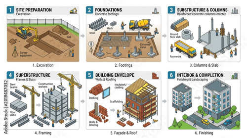 Foto Construction Process Stages Building Development Stages From Site Preparation To Completion
