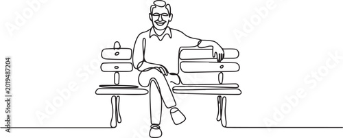 Foto Old Retired man vector, old happy relax man logo, sketch drawing of old man sitting on park bench in relaxing pose